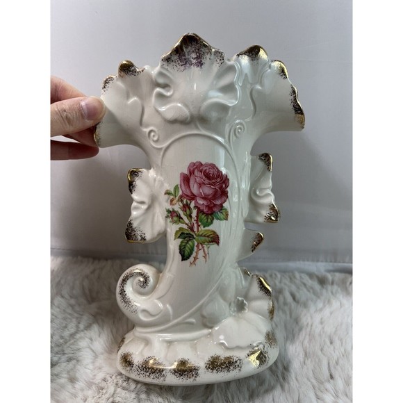 Sets Of VTG Crown‎ Potteries Co USA Horn Of Plenty Rose Vase Gold Trim Rare! - Picture 2 of 9